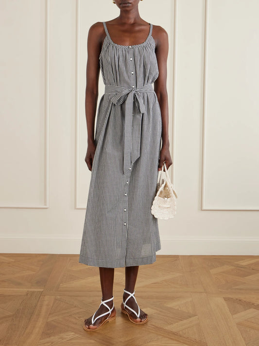 Image of Dresses. Product name - Nevita Belted Checked Organic Cotton Midi Dress in Black colour by brand - DÔEN