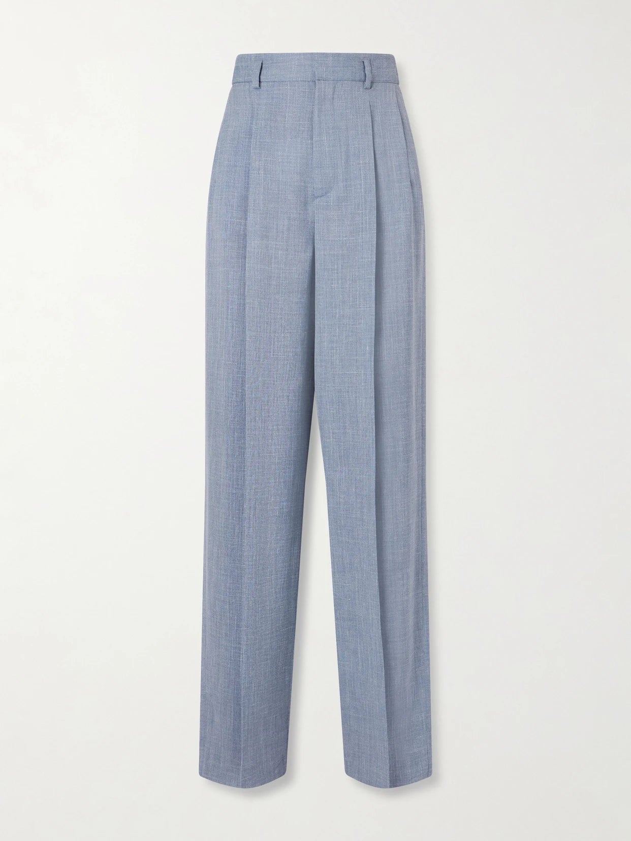 Image of a model wearing Pants. Product name - Hector Pleated Wool, Silk And Linen-blend Wide-leg Pants in Light blue colour by brand - Loro Piana