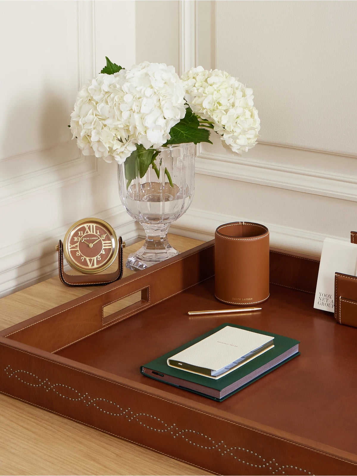 Image of Decor. Product name - Bromley Studded Leather Tray in Tan colour by brand - Ralph Lauren Home
