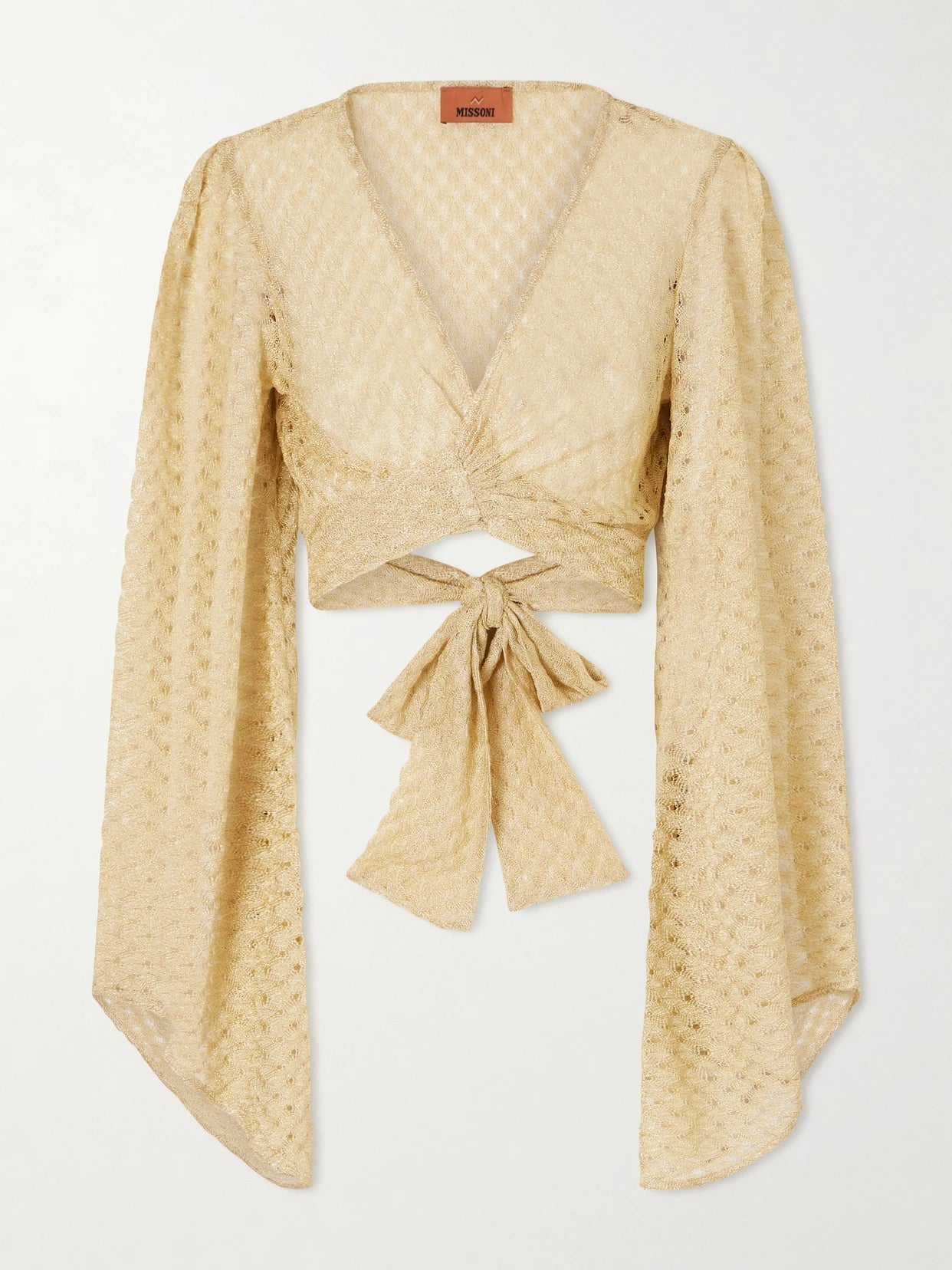 Cropped Metallic Crochet-knitted Wrap Top