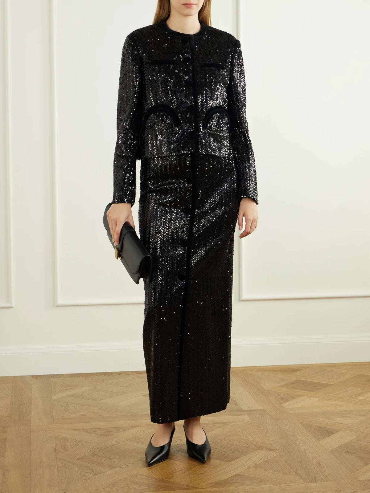 Image of Outfit Sets. Product name - Shamo Velvet-trimmed Sequined Jacket in Black colour by brand - BLAZÉ Milano
