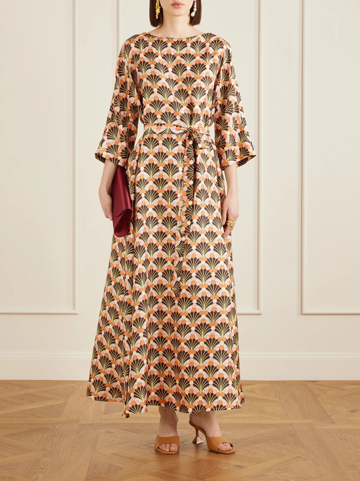 Image of Dresses. Product name - Muumuu Silk-twill Midi Dress in Peach colour by brand - La DoubleJ