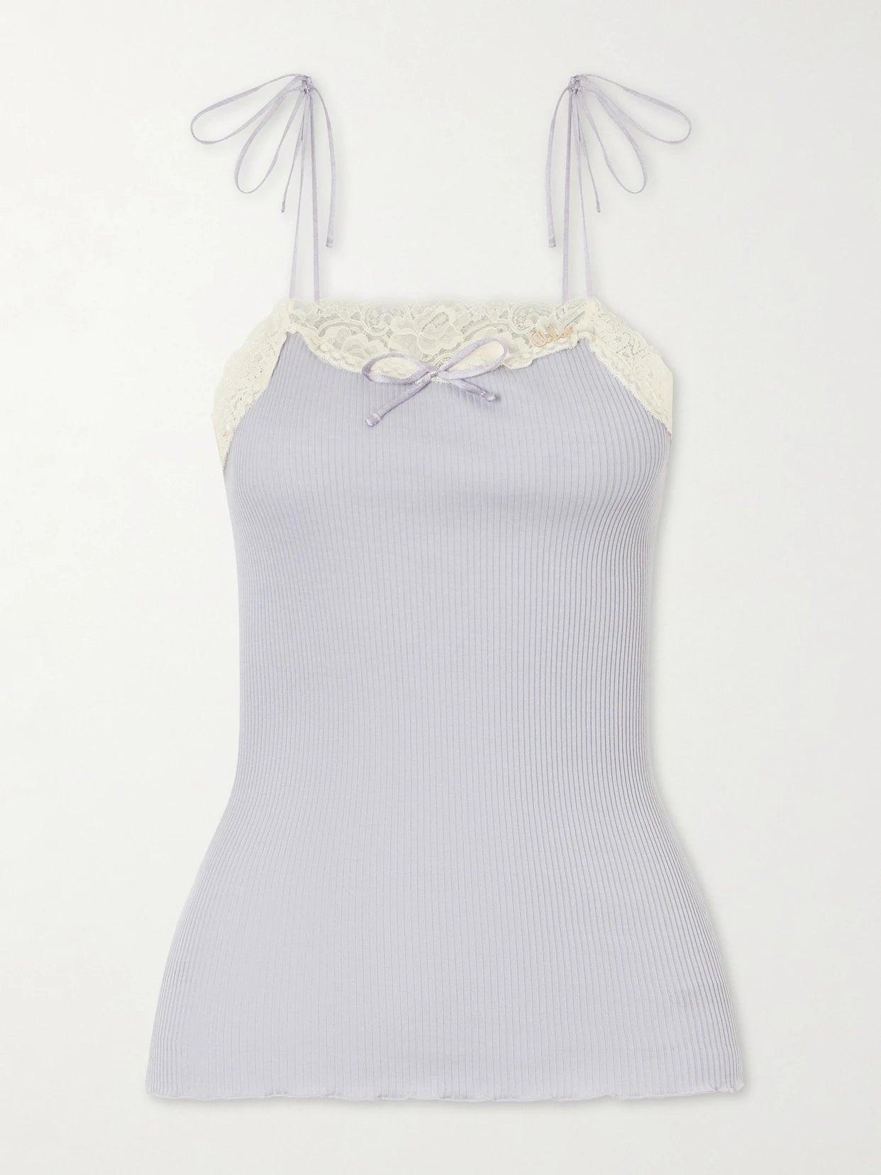Image of a model wearing Tops. Product name - Logo-embroidered Lace-trimmed Cotton And Silk-blend Tank in Gray colour by brand - Chloé