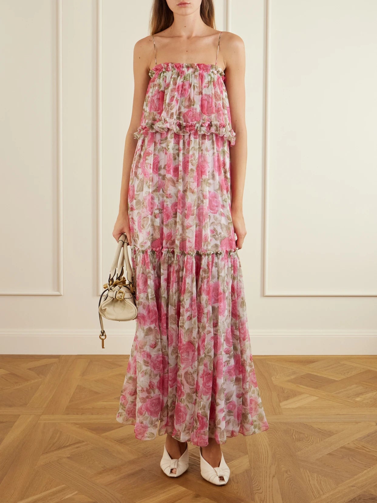 Image of Dresses. Product name - Floral-print Ruffled Silk-chiffon Maxi Dress in Pink colour by brand - Chloé
