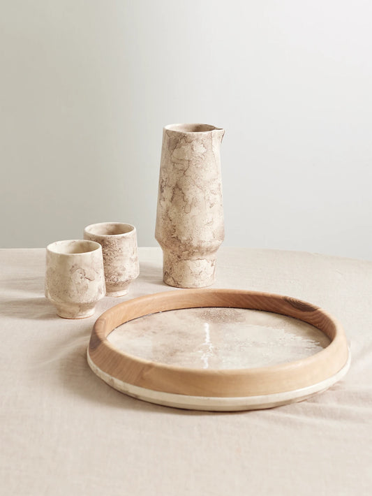 Stone And Wood Tray, Carafe And Cups Set