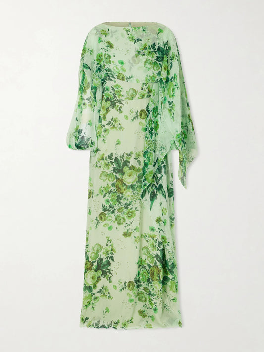 Image of Dresses. Product name - Floral-print Crêpon Gown in Mint colour by brand - Erdem