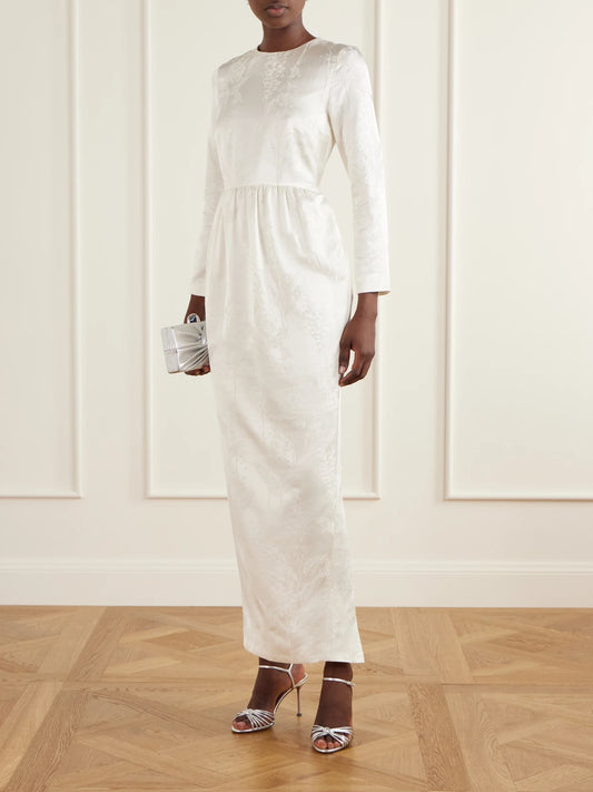 Image of Dresses. Product name - Lenny Gathered Floral-jacquard Satin Midi Dress in White colour by brand - BERNADETTE