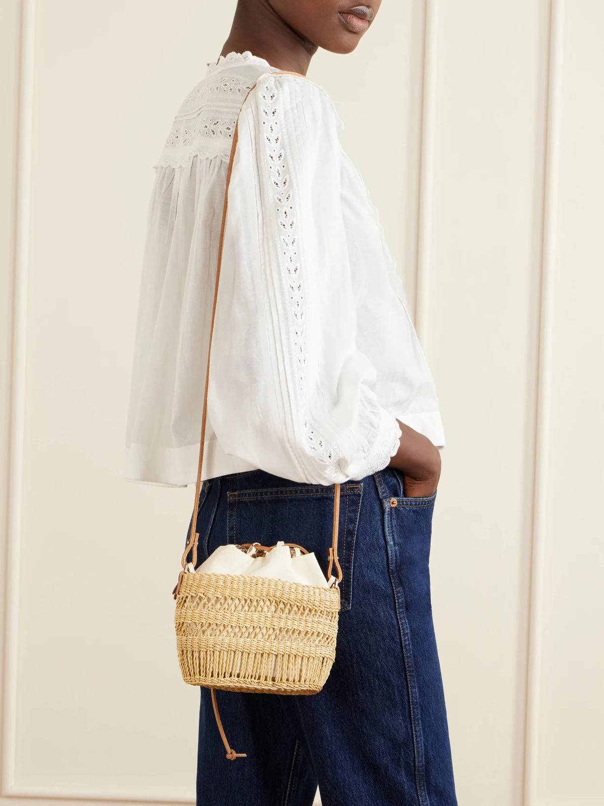 Image of Bags. Product name - Minette Leather-trimmed Raffia Shoulder Bag in Neutral colour by brand - MUUÑ