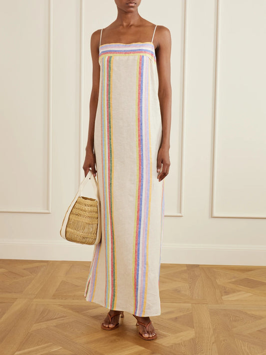 Image of Dresses. Product name - Laura Striped Linen Maxi Dress in Beige colour by brand - STAUD
