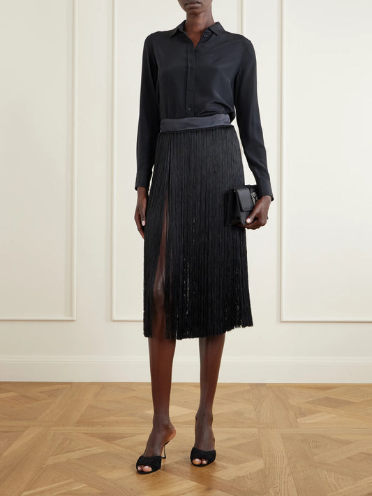 Image of a model wearing Skirts. Product name - Fringed Midi Skirt in Black colour by brand - Dolce & Gabbana