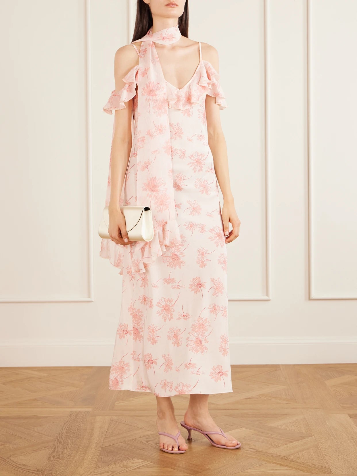 Image of Dresses. Product name - Daisy Ruffled Floral-print Silk Chiffon Midi Dress in Pink colour by brand - Rodarte