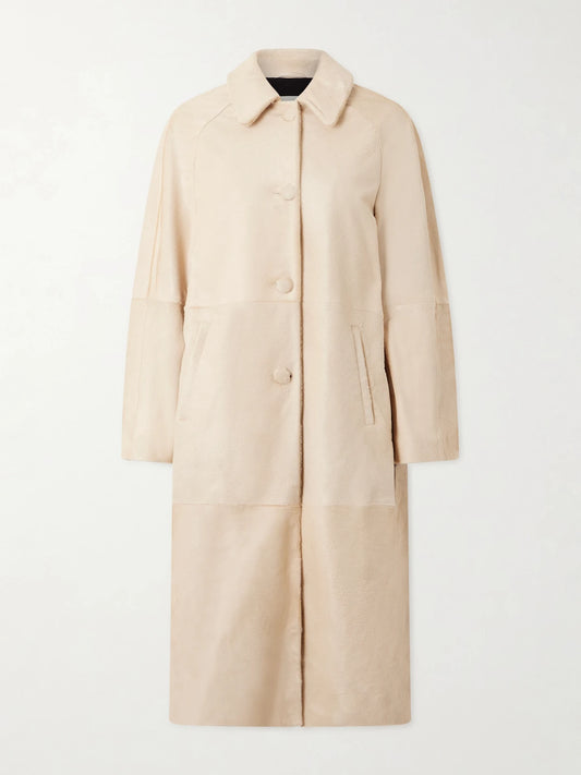 Image of Coats & Jackets. Product name - Paneled Calf Hair Coat in Cream colour by brand - Nour Hammour