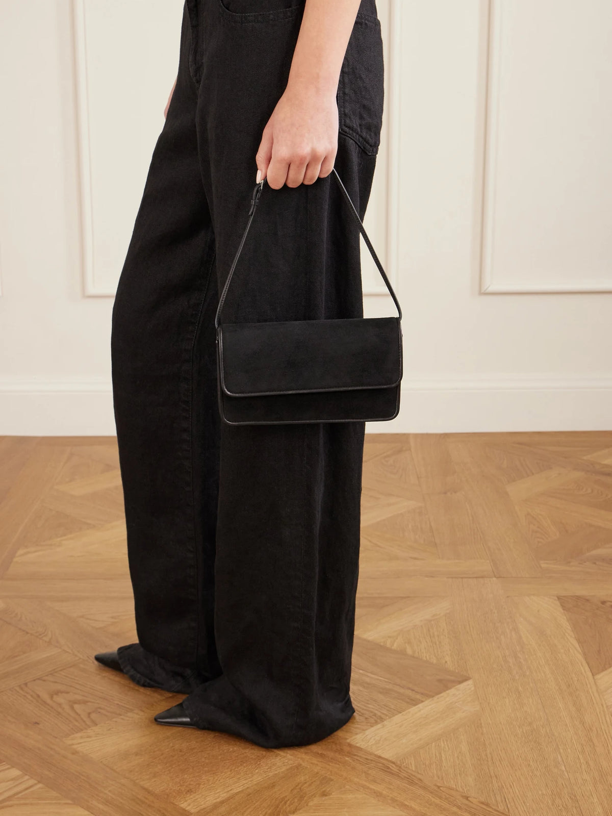 Image of Bags. Product name - Nancy Leather-trimmed Suede Shoulder Bag in Black colour by brand - The Row