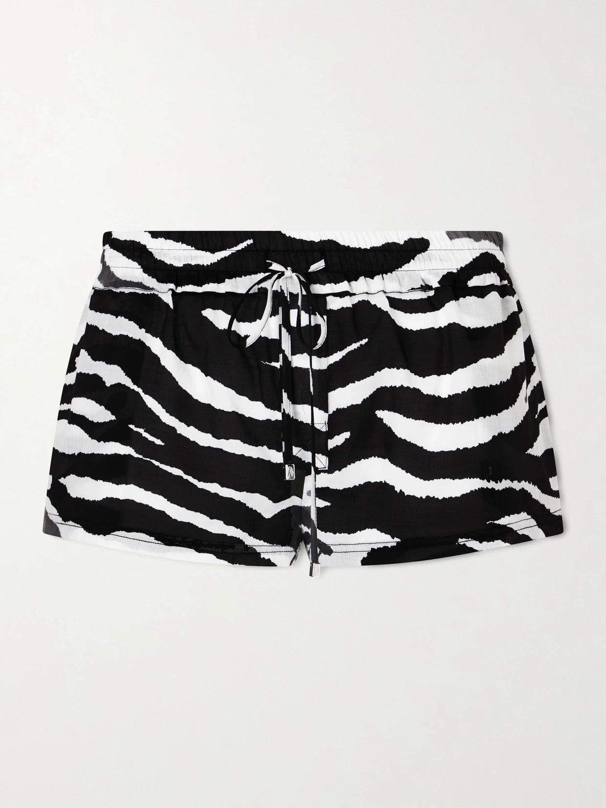 Image of a model wearing Shorts. Product name - Zebra-print Cotton-voile Shorts in Black colour by brand - The Attico