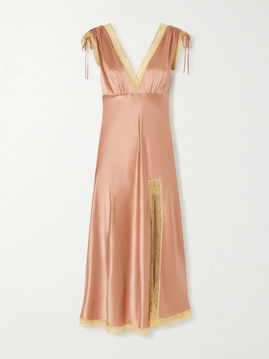 Image of Lingerie. Product name - Sophistiquée Lace-trimmed Silk-satin Nightdress in Pink colour by brand - Eres