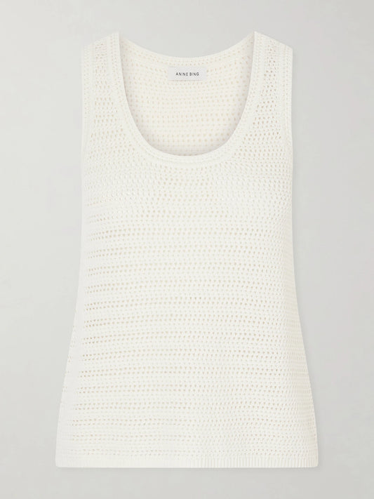 Image of a model wearing Tops. Product name - Arie Open-knit Cotton-blend Tank in Ecru colour by brand - Anine Bing