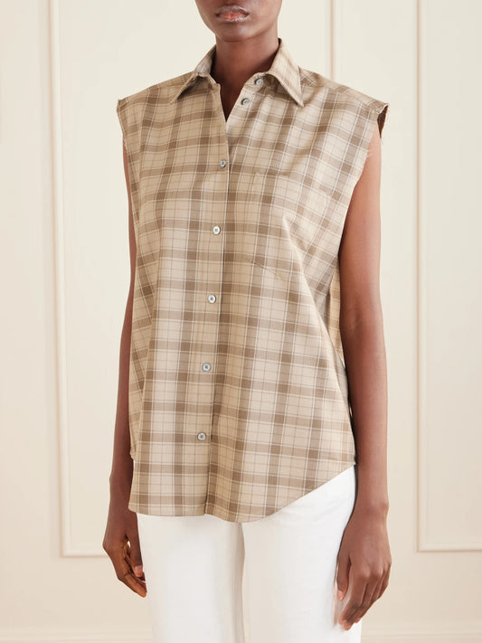 Image of a model wearing Tops. Product name - Sinora Sleeveless Checked Wool Shirt in Multi colour by brand - Acne Studios