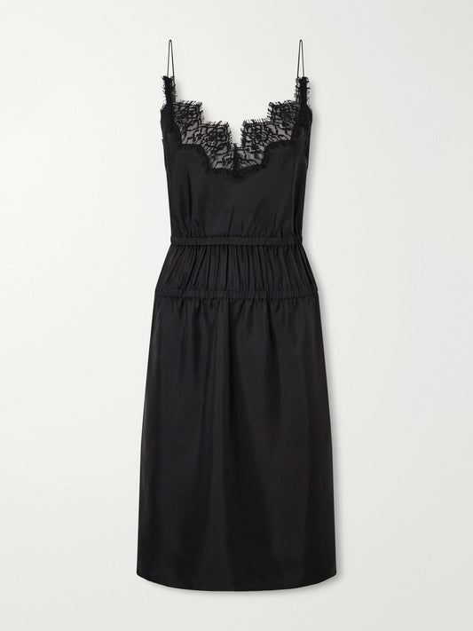 RÓHE Camura Lace-trimmed Shirred Silk-satin Midi Dress