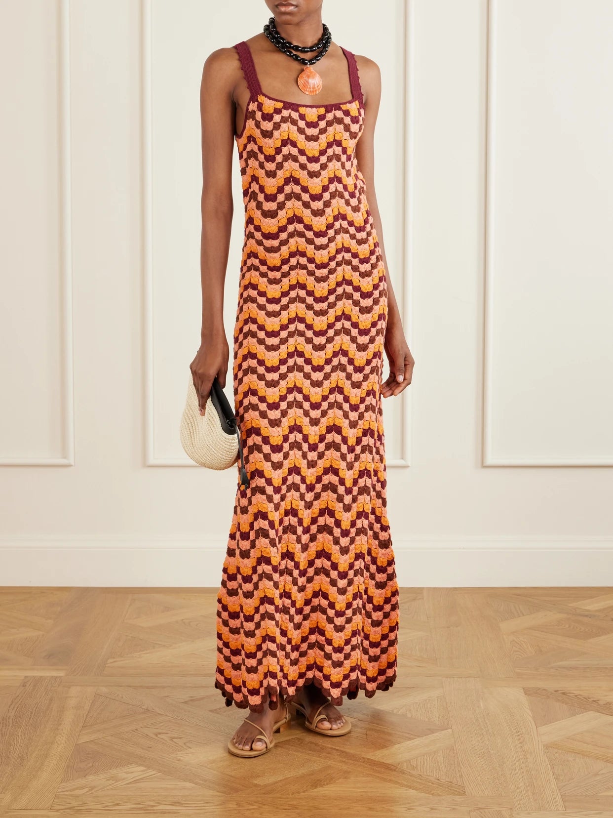 Image of Dresses. Product name - Marea Striped Crocheted Cotton Maxi Dress in Orange colour by brand - ESCVDO