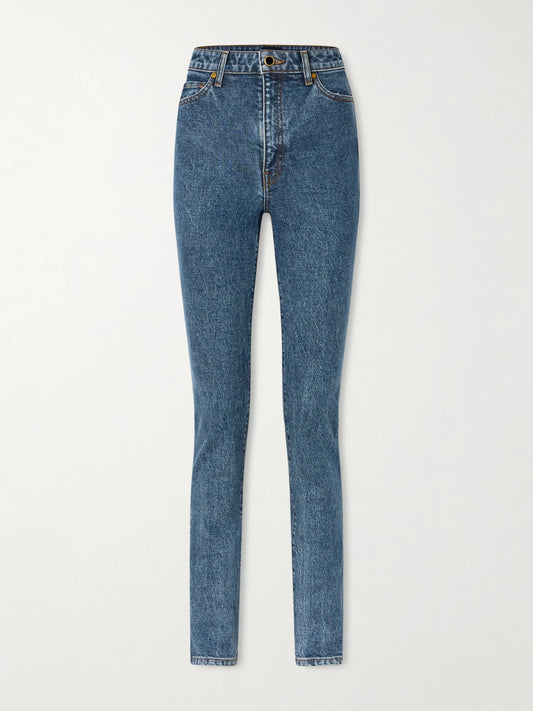 Image of Jeans. Product name - Daria High-rise Slim-leg Jeans in Mid denim colour by brand - KHAITE