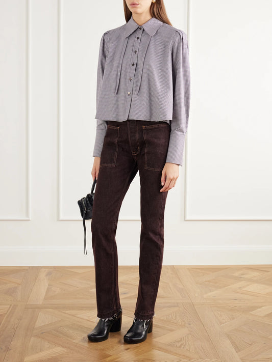 Image of a model wearing Tops. Product name - The Durham Drawstring Cropped Houndstooth Cotton And Cashmere-blend Shirt in Brown colour by brand - RÙADH