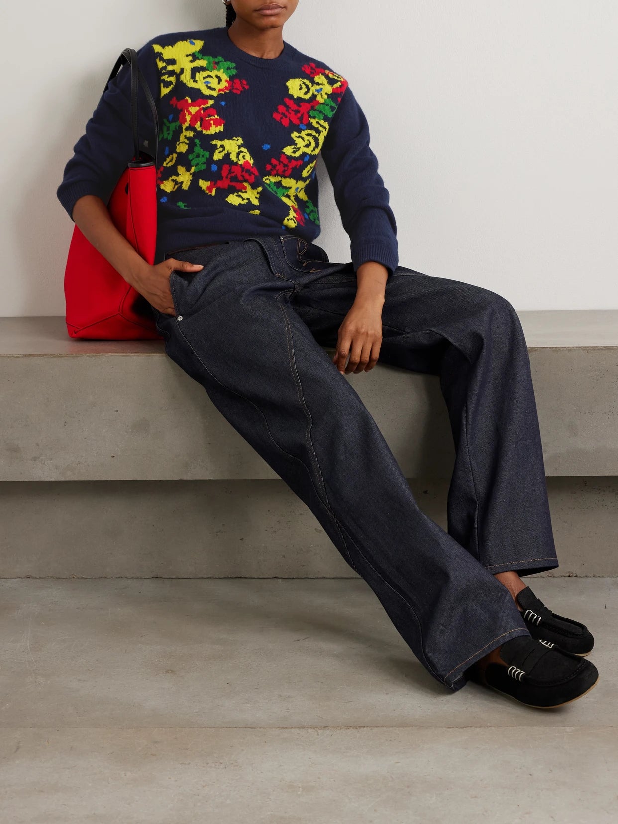 Image of a model wearing Outerwear. Product name - + Pringle Floral Intarsia-knit Cashmere Sweater in Navy colour by brand - JW Anderson
