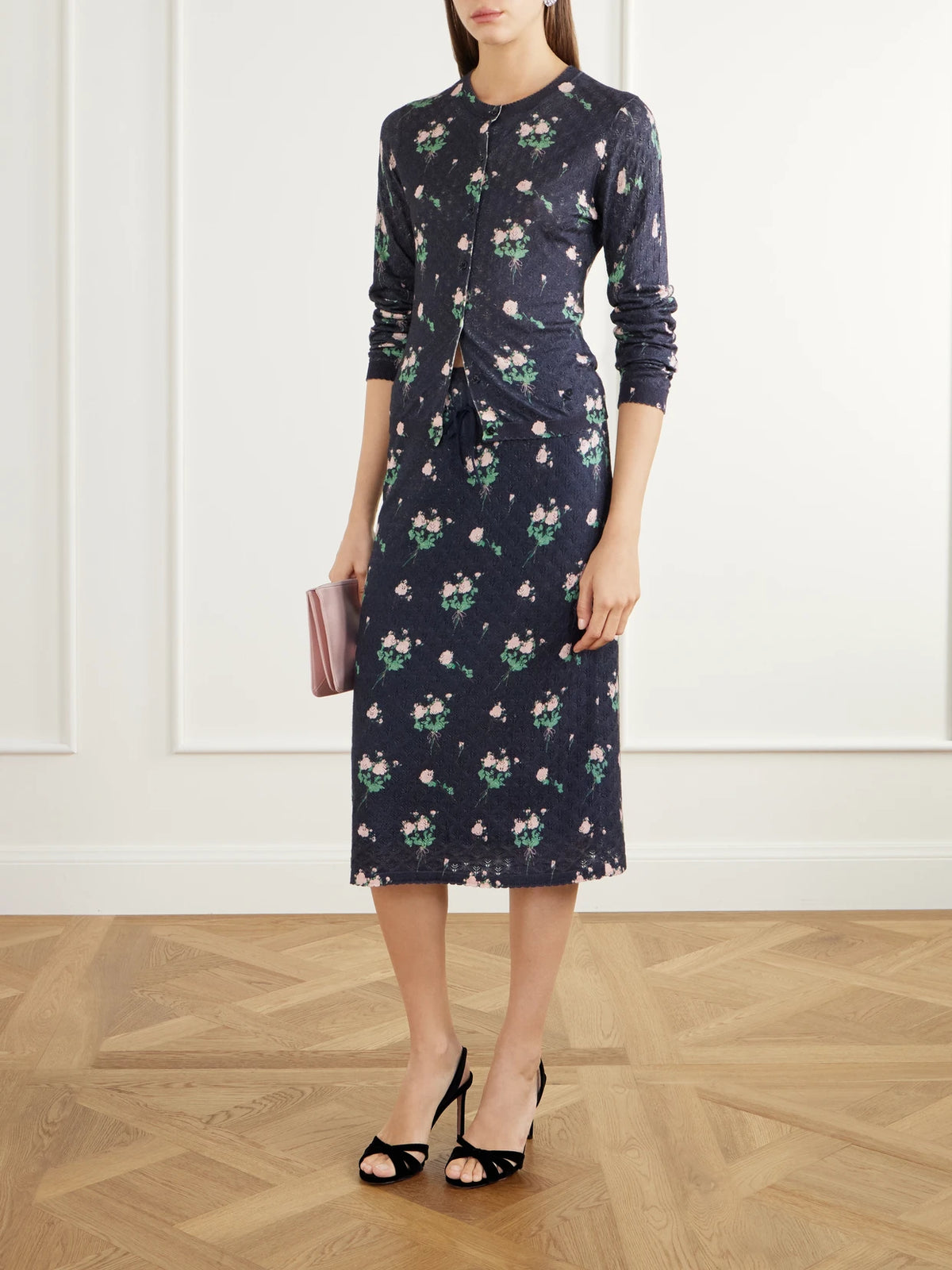 Image of Outfit Sets. Product name - Katia Floral-print Pointelle-knit Silk, Wool And Cashmere-blend Knee-length Skirt in Black colour by brand - BERNADETTE