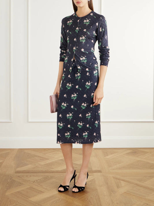 Image of Outfit Sets. Product name - Katia Floral-print Pointelle-knit Silk, Wool And Cashmere-blend Knee-length Skirt in Black colour by brand - BERNADETTE