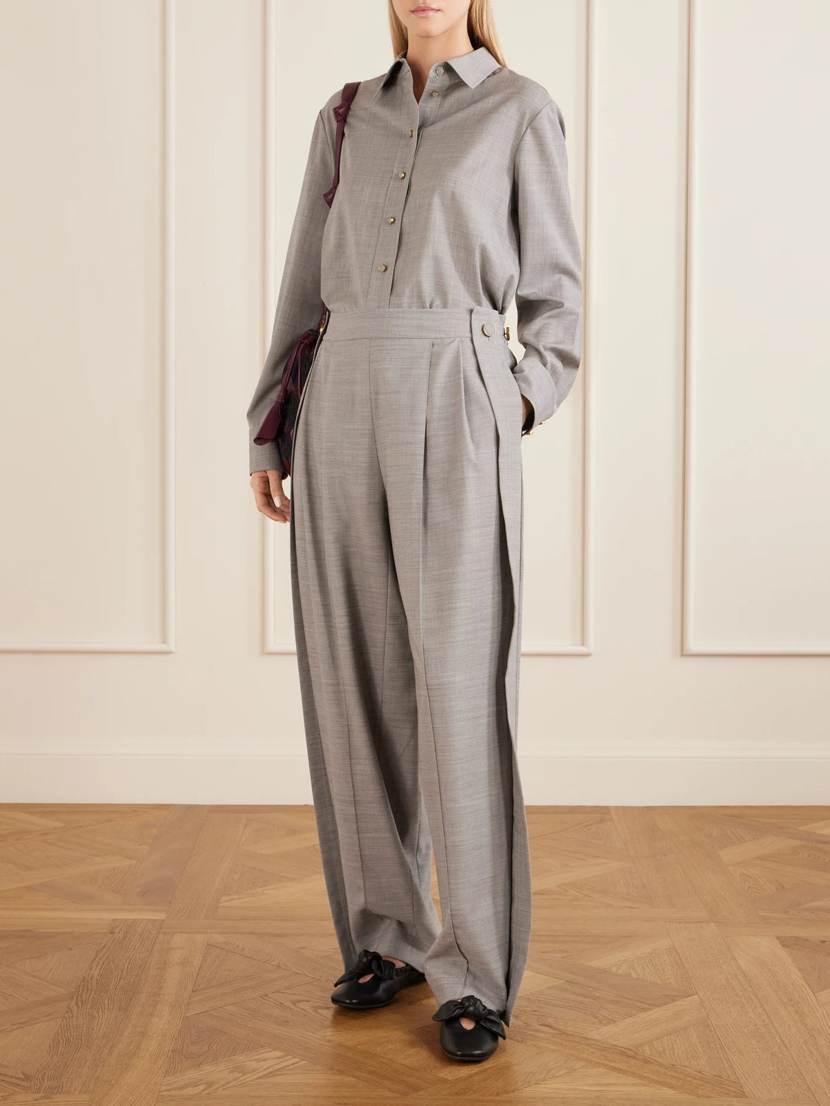 Image of a model wearing Tops. Product name - Valiant Wool Shirt in Gray colour by brand - Zimmermann