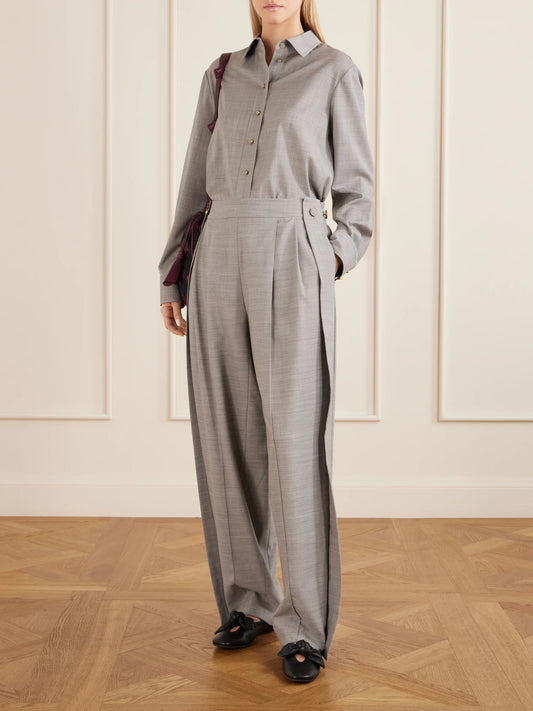 Image of a model wearing Tops. Product name - Valiant Wool Shirt in Gray colour by brand - Zimmermann