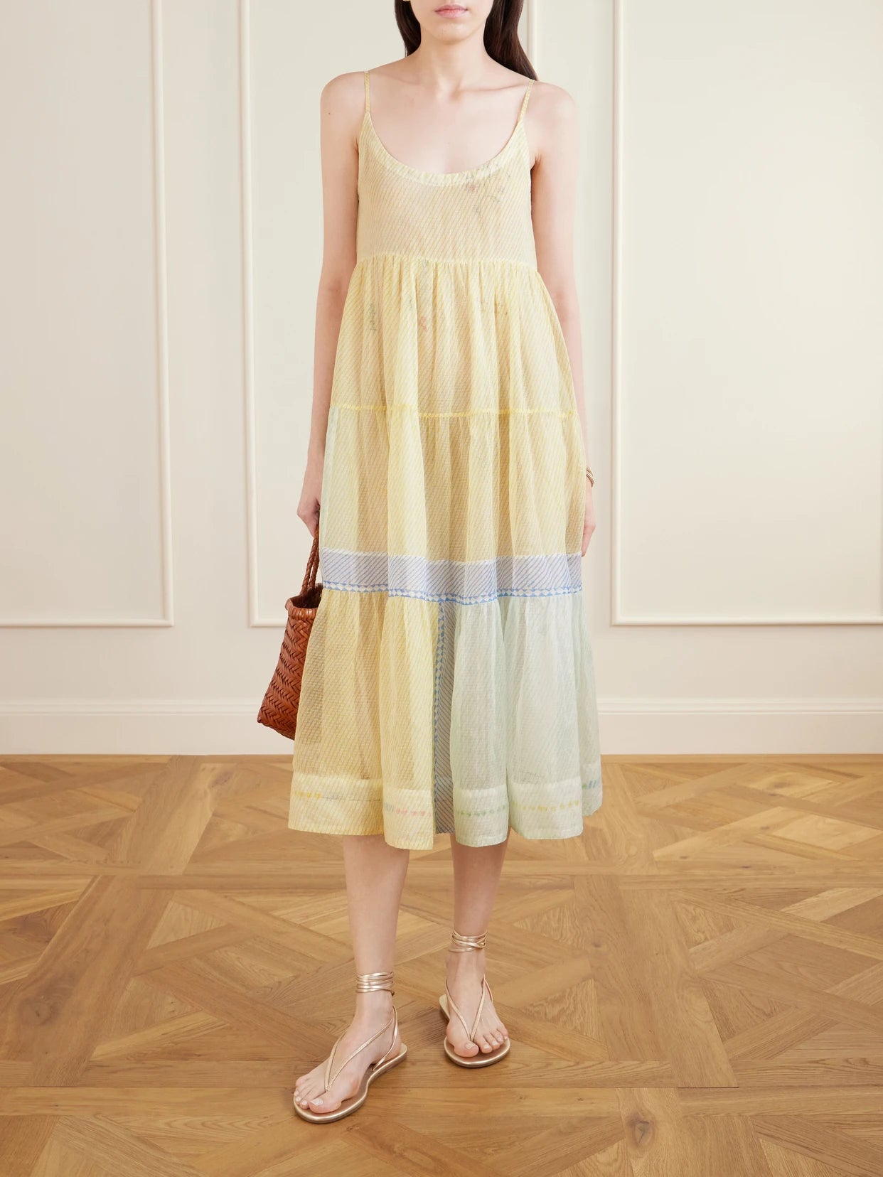 Image of Dresses. Product name - Ikumi Tiered Printed Cotton- Kota Midi Dress in Yellow colour by brand - Eka