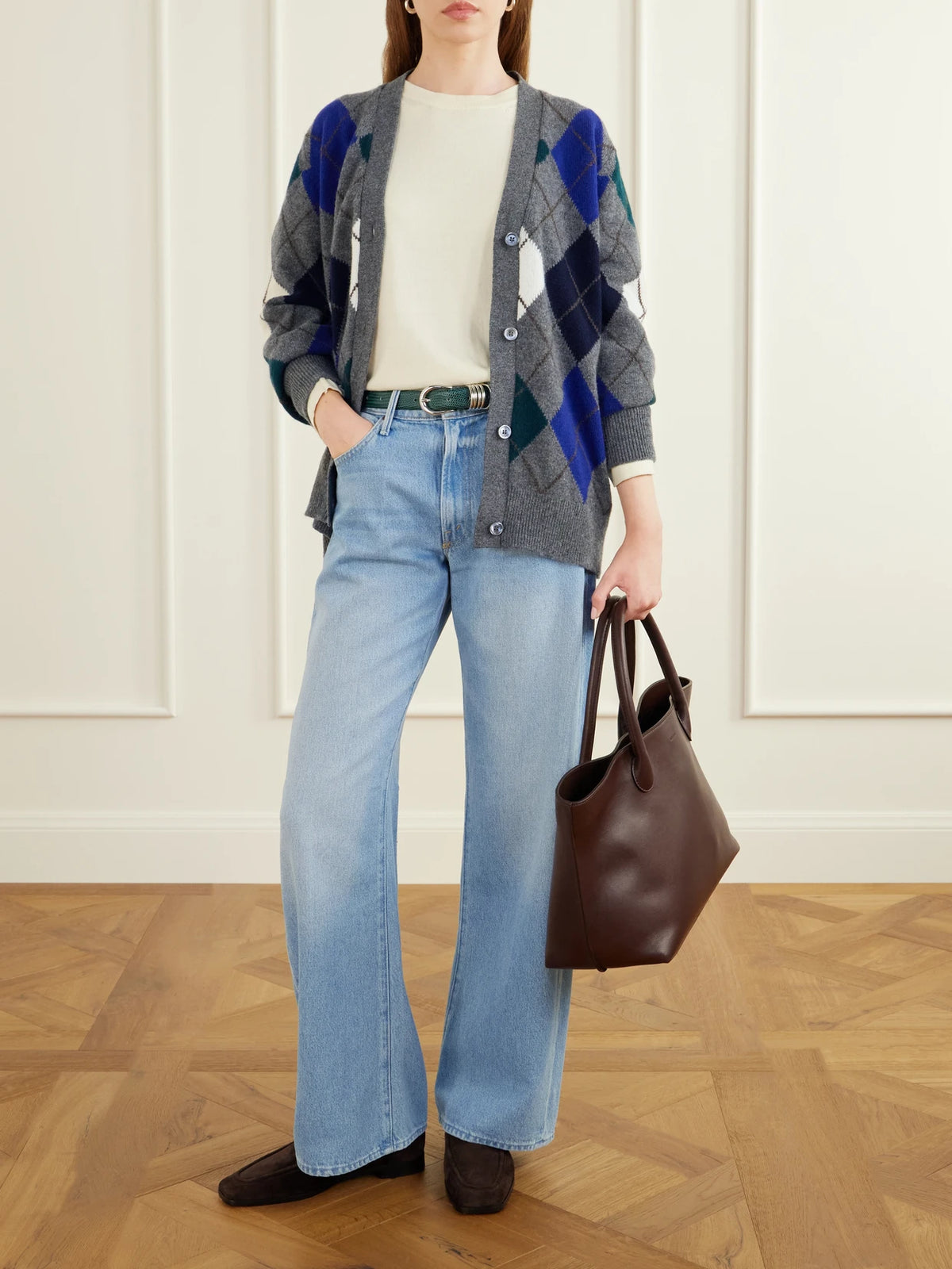 Image of a model wearing Outerwear. Product name - Ava Argyle Wool Cardigan in Multi colour by brand - &Daughter