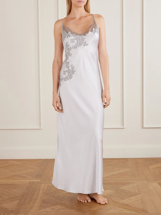 Image of Lingerie. Product name - Lace-embroidered Silk Midi Dress in Silver colour by brand - Carine Gilson