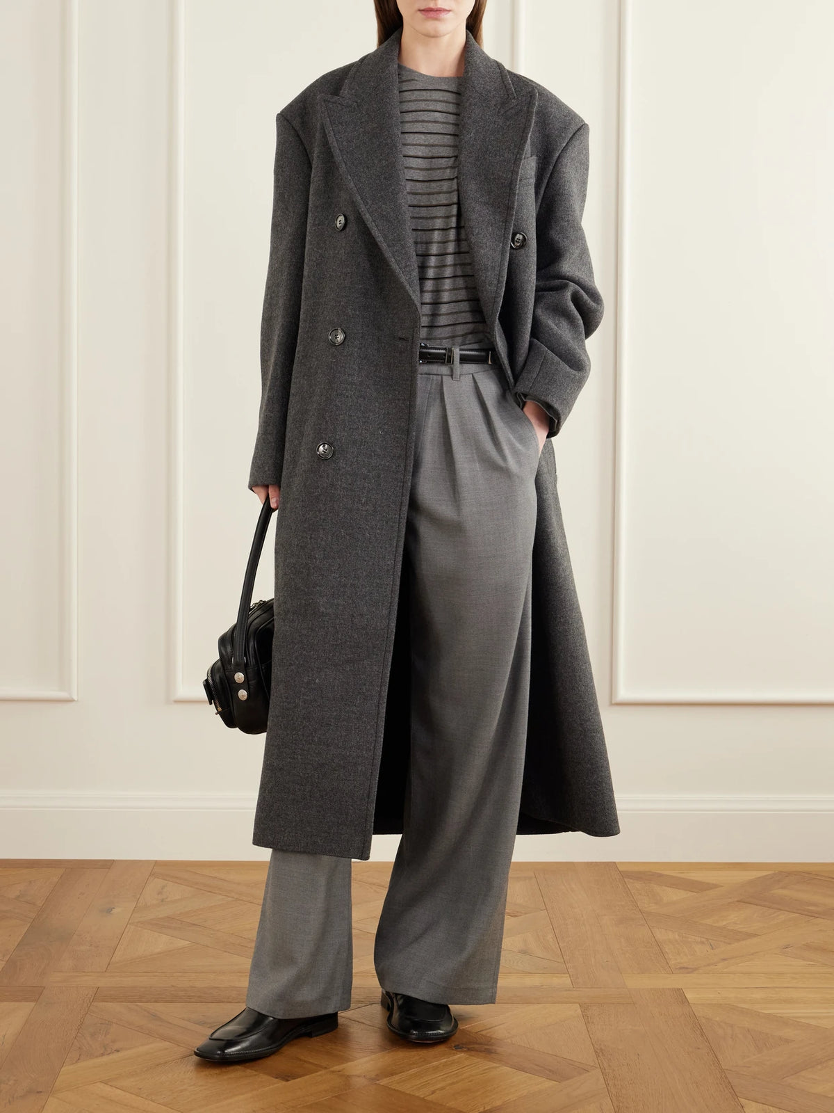 Image of Coats & Jackets. Product name - Double-breasted Virgin Wool-gabardine Coat in Dark gray colour by brand - AMI PARIS