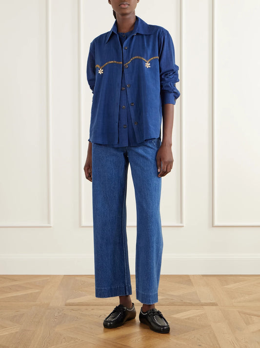Image of a model wearing Tops. Product name - Bead-embellished Layered Striped Cotton Shirt in Blue colour by brand - Kartik Research