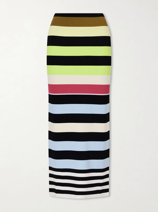Image of a model wearing Skirts. Product name - Striped Double-knit Maxi Skirt in Multi colour by brand - Christopher John Rogers
