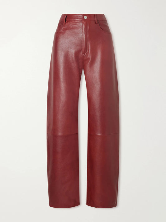 Image of a model wearing Pants. Product name - Leather Wide-leg Pants in Red colour by brand - ARMA