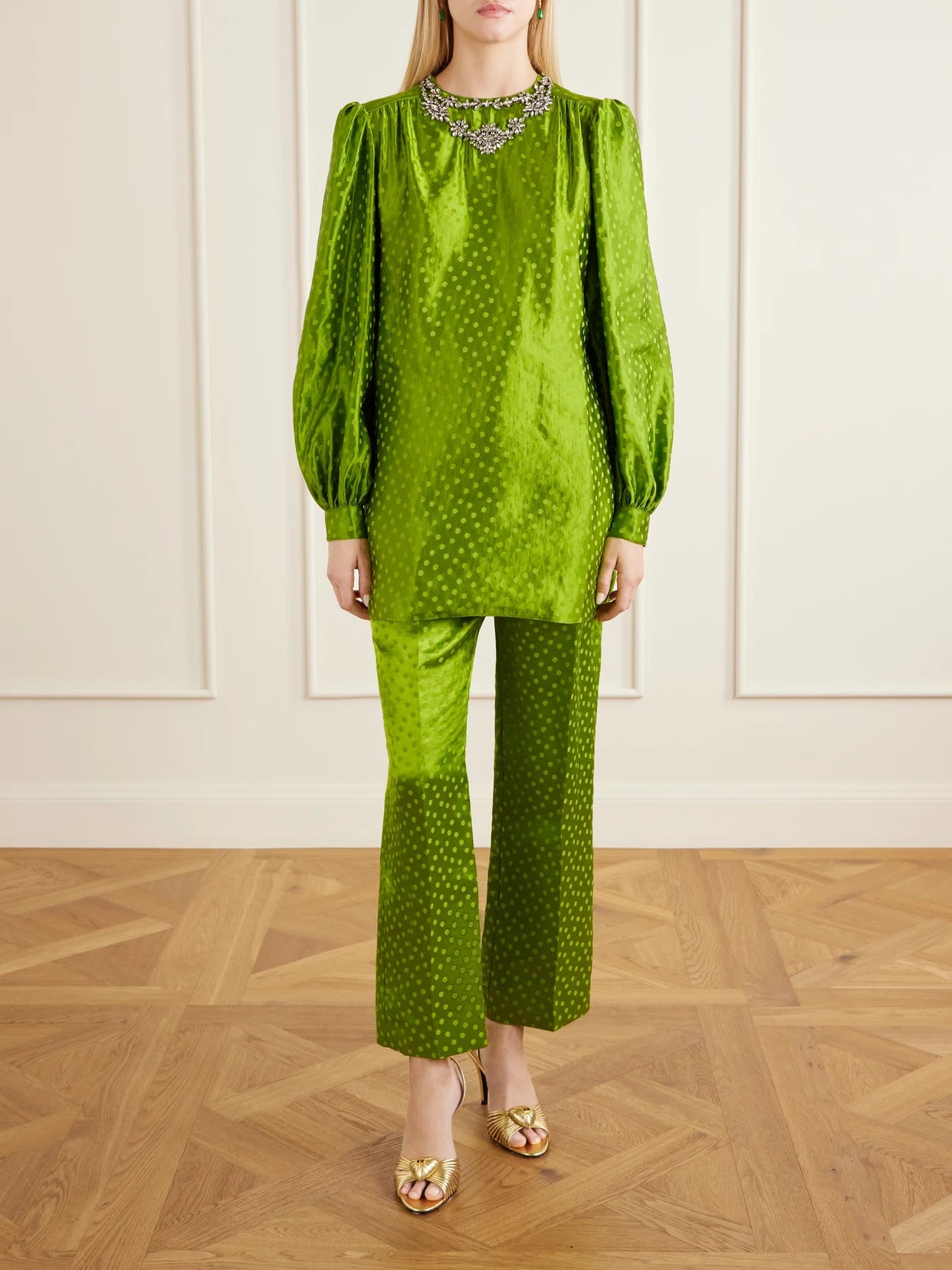 Image of a model wearing Pants. Product name - Polka-dot Jacquard Linen And Silk-blend Straight-leg Pants in Bright green colour by brand - Valentino Garavani