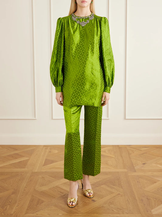 Image of a model wearing Pants. Product name - Polka-dot Jacquard Linen And Silk-blend Straight-leg Pants in Bright green colour by brand - Valentino Garavani