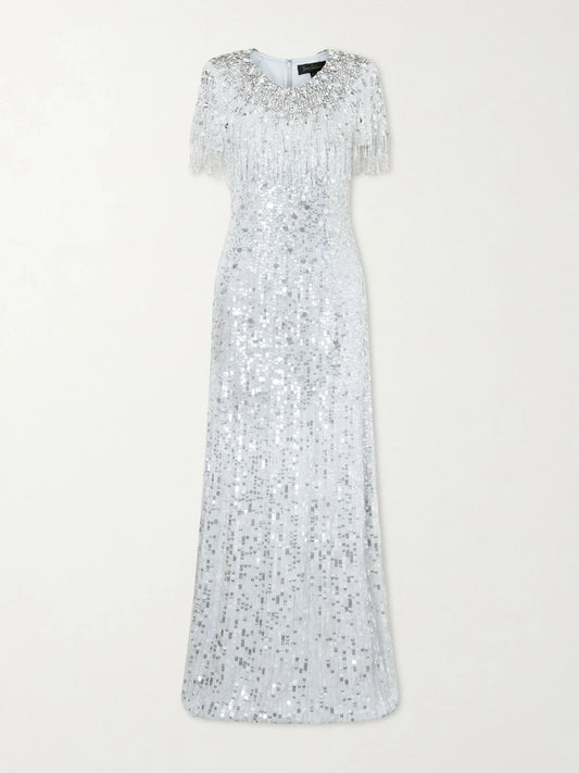 Image of Dresses. Product name - Eugene Crystal-embellished Sequined Chiffon Gown in Light blue colour by brand - Jenny Packham