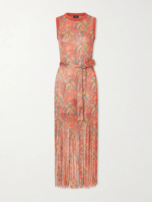 Image of Dresses. Product name - Belted Fringed Jacquard-knit Midi Dress in Red colour by brand - Etro