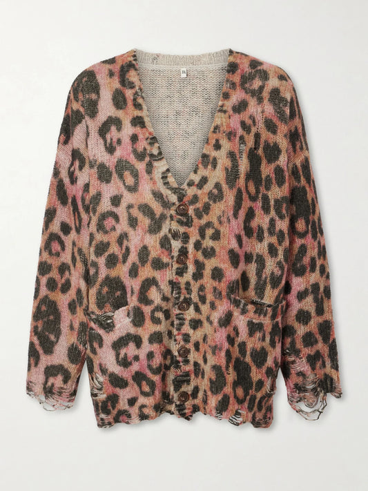 Image of a model wearing Outerwear. Product name - Distressed Animal-print Cashmere Cardigan in Brown colour by brand - R13