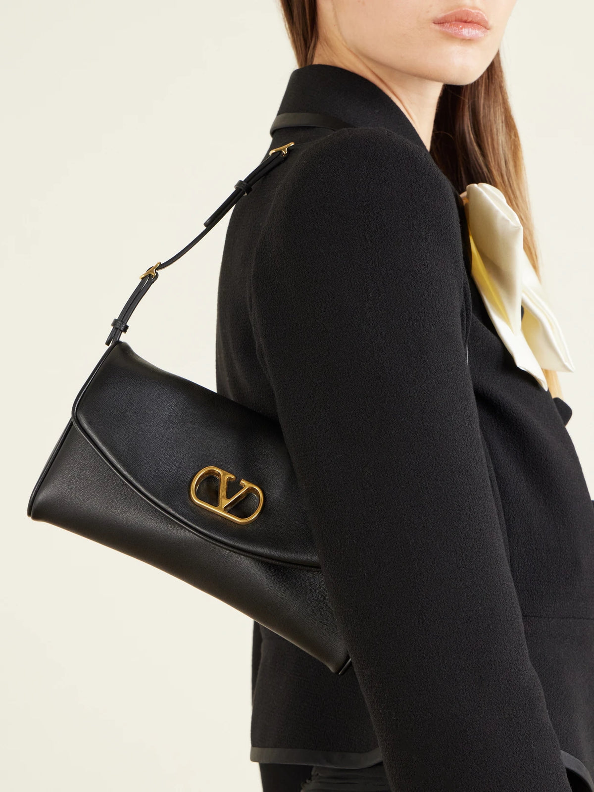 Image of Bags. Product name - Devain Leather Shoulder Bag in Black colour by brand - Valentino Garavani