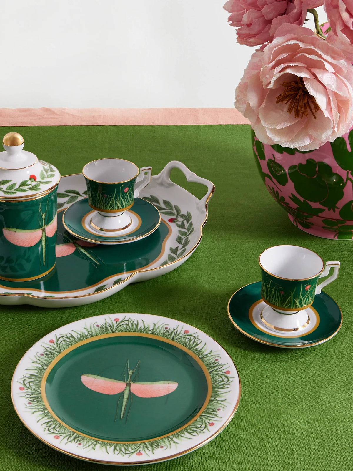 Image of Tableware. Product name - Set Of Two Gold-plated Painted Porcelain Espresso Cups And Saucers in Green colour by brand - La DoubleJ
