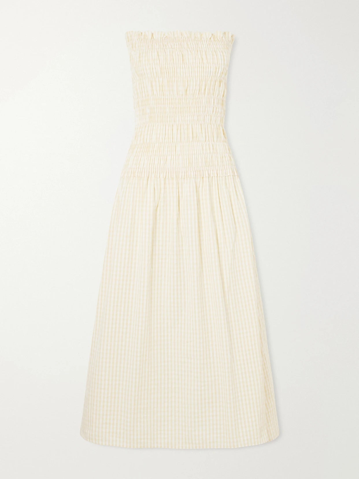 Image of Dresses. Product name - Amalita Shirred Gingham Cotton Midi Dress in Yellow colour by brand - Faithfull