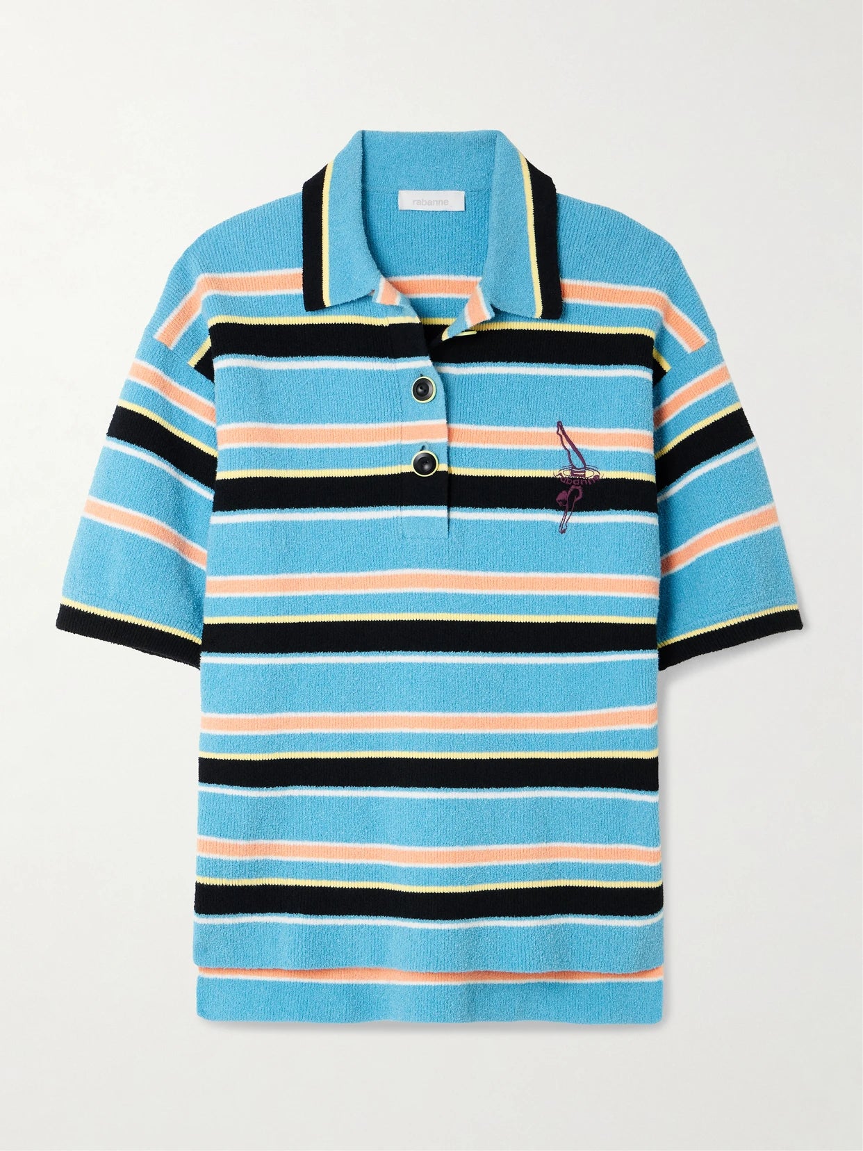 Image of a model wearing Outerwear. Product name - Embroidered Striped Cotton-blend Terry Polo Shirt in Blue colour by brand - RABANNE