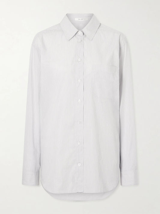 Image of a model wearing Tops. Product name - Gavina Striped Cotton-poplin Shirt in White colour by brand - The Row