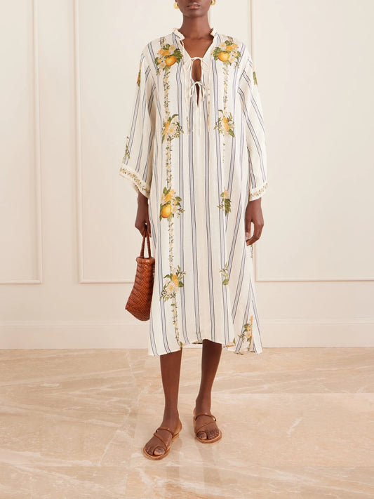 Image of Dresses. Product name - Datil Striped Floral-print Gauze Coverup in White colour by brand - Agua by Agua Bendita