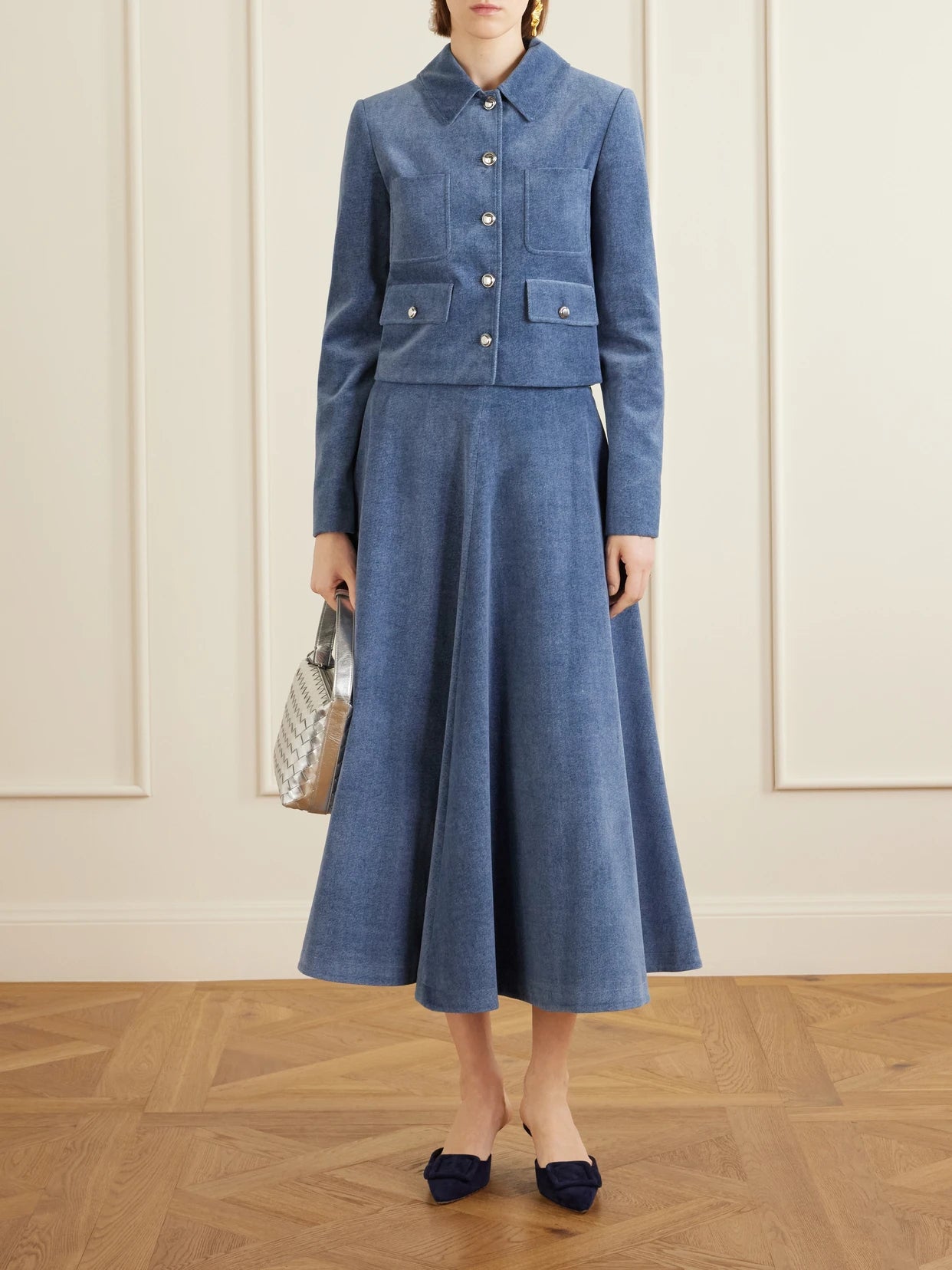 Image of Jeans. Product name - Varda Paneled Denim Midi Skirt in Mid denim colour by brand - Altuzarra