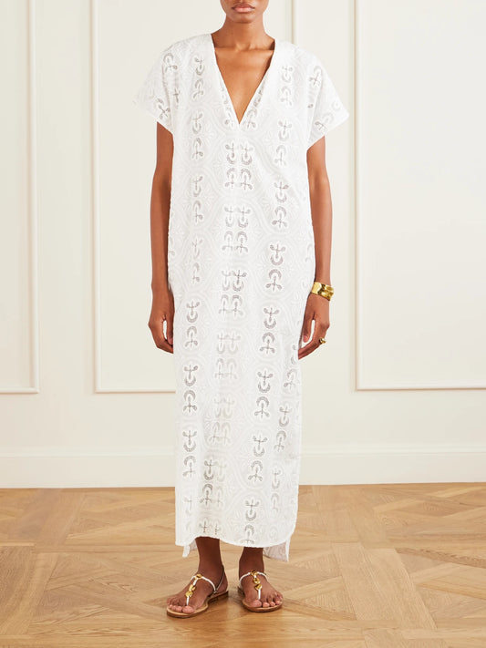 Image of Dresses. Product name - Yuna Embroidered Cotton-blend Midi Dress in White colour by brand - TOVE
